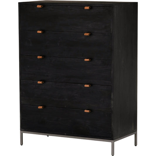 Trey 5 Drawer Dresser by Four Hands. Made from solid poplar, top grain leather, iron in a rustic style.