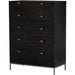 Trey 5 Drawer Dresser by Four Hands. Made from solid poplar, top grain leather, iron in a rustic style.