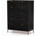 Trey 5 Drawer Dresser by Four Hands. Made from solid poplar, top grain leather, iron in a rustic style.