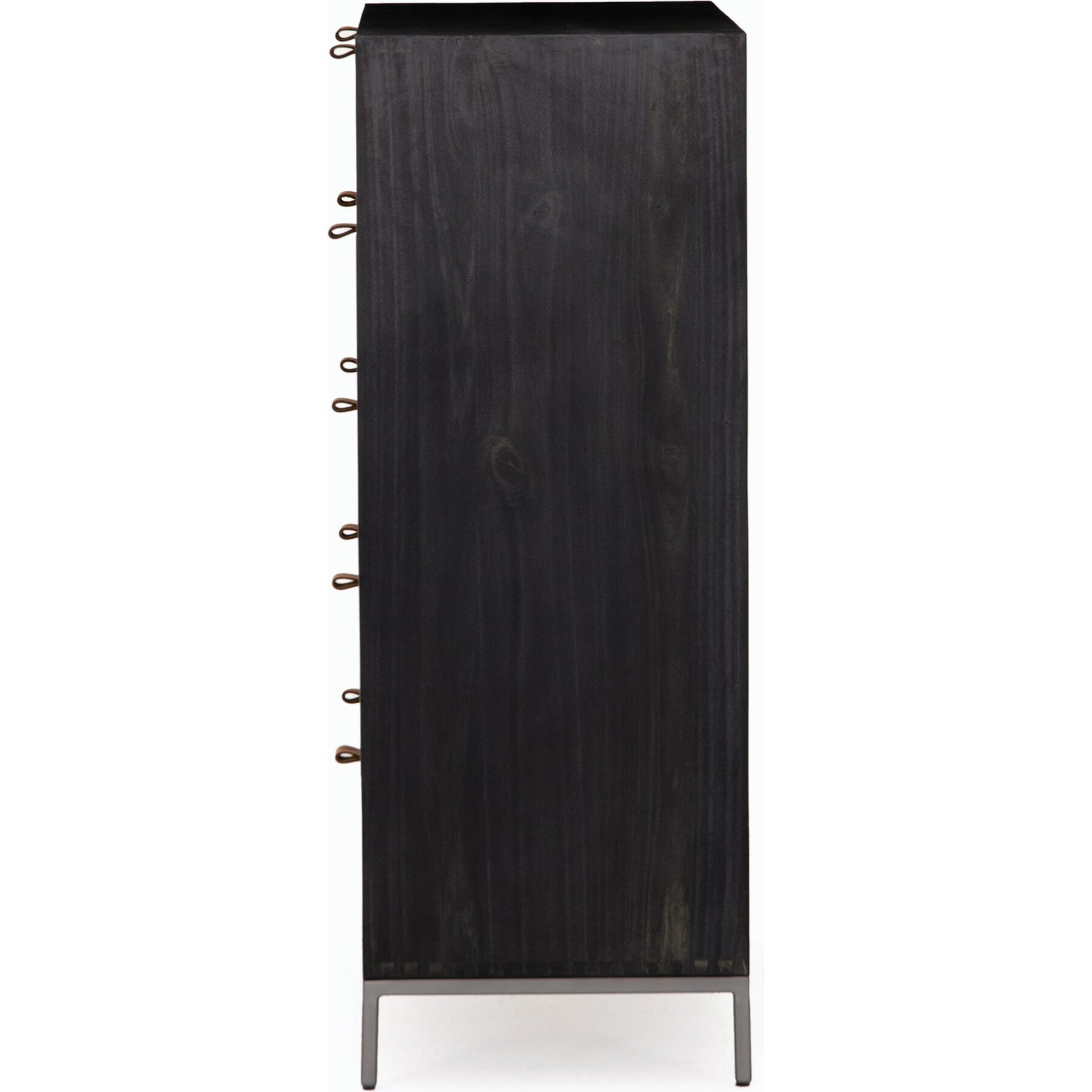 Trey 5 Drawer Dresser by Four Hands. Made from solid poplar, top grain leather, iron in a rustic style.