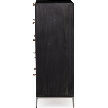 Trey 5 Drawer Dresser by Four Hands. Made from solid poplar, top grain leather, iron in a rustic style.