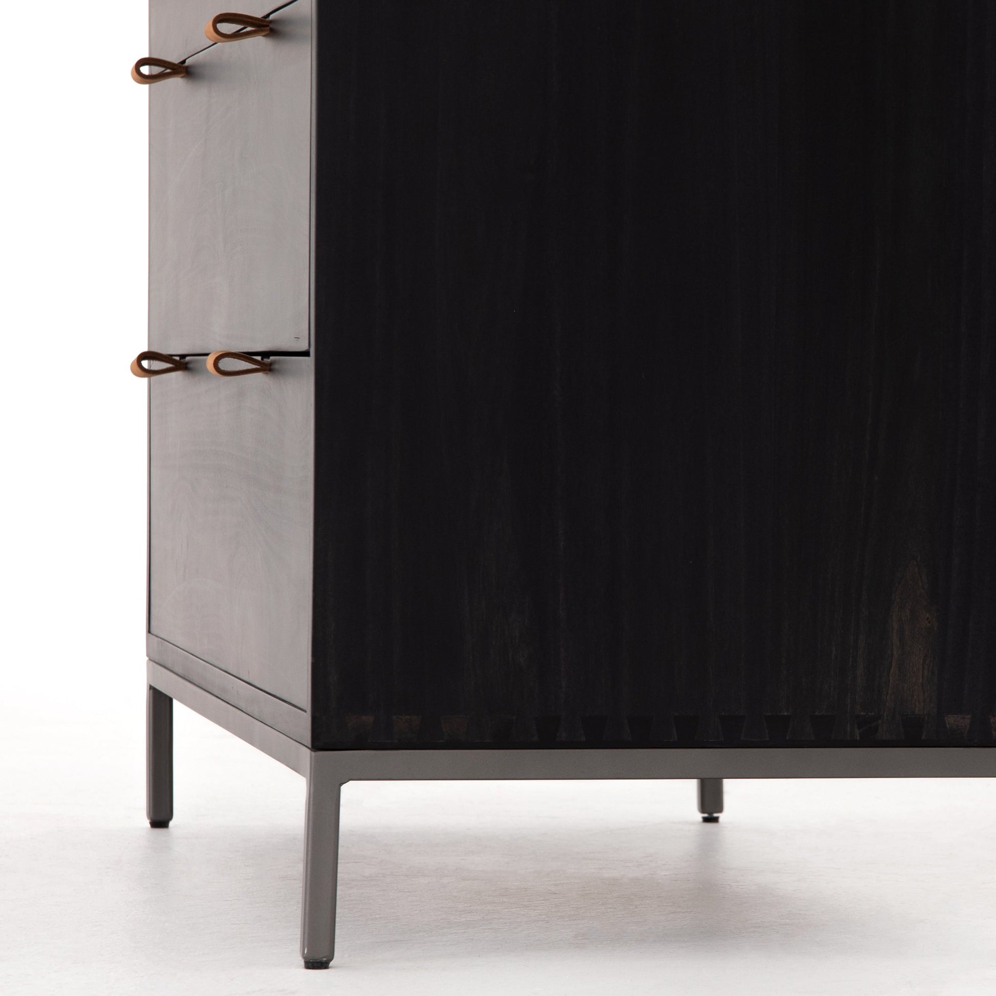 Trey 5 Drawer Dresser by Four Hands. Made from solid poplar, top grain leather, iron in a rustic style.