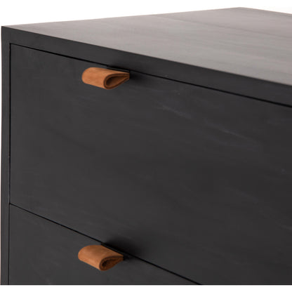 Trey 5 Drawer Dresser by Four Hands. Made from solid poplar, top grain leather, iron in a rustic style.