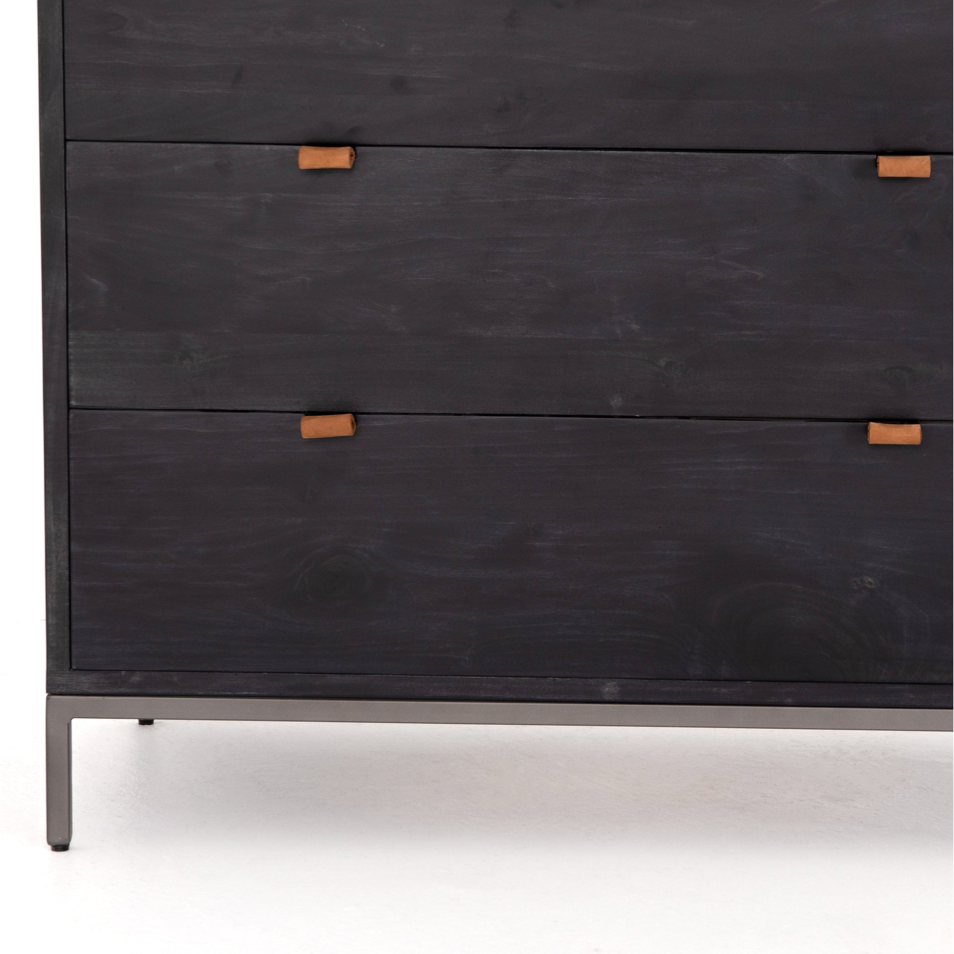 Trey 5 Drawer Dresser by Four Hands. Made from solid poplar, top grain leather, iron in a rustic style.