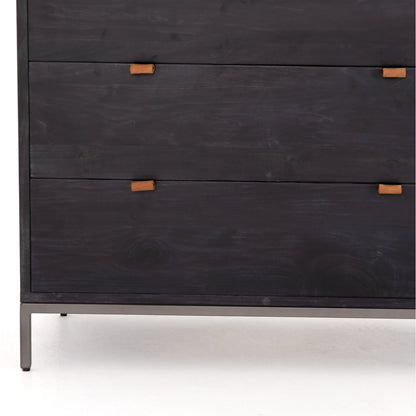 Trey 5 Drawer Dresser by Four Hands. Made from solid poplar, top grain leather, iron in a rustic style.
