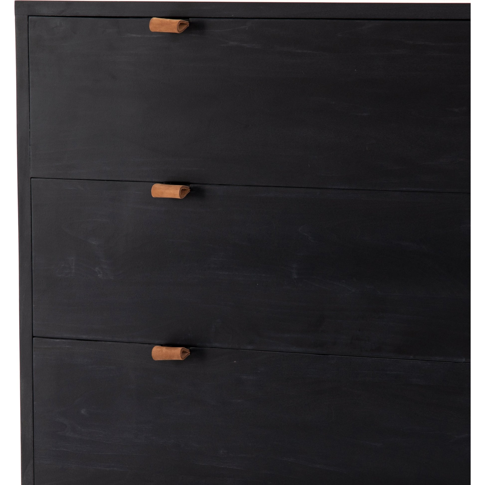 Trey 5 Drawer Dresser by Four Hands. Made from solid poplar, top grain leather, iron in a rustic style.