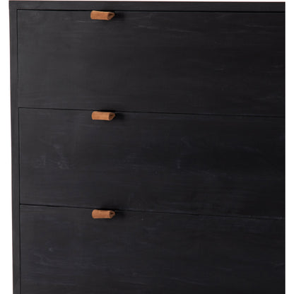 Trey 5 Drawer Dresser by Four Hands. Made from solid poplar, top grain leather, iron in a rustic style.