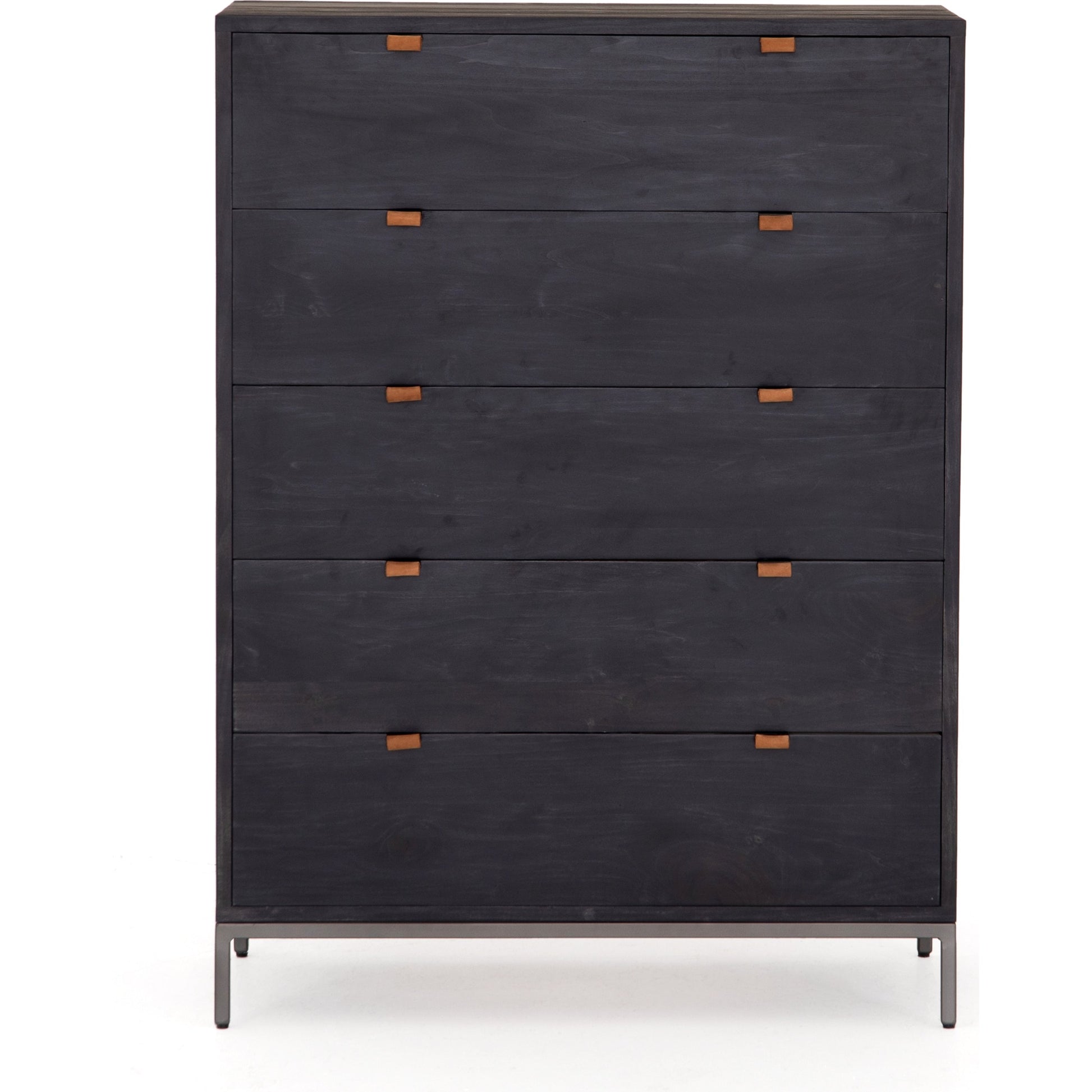 Trey 5 Drawer Dresser by Four Hands. Made from solid poplar, top grain leather, iron in a rustic style.