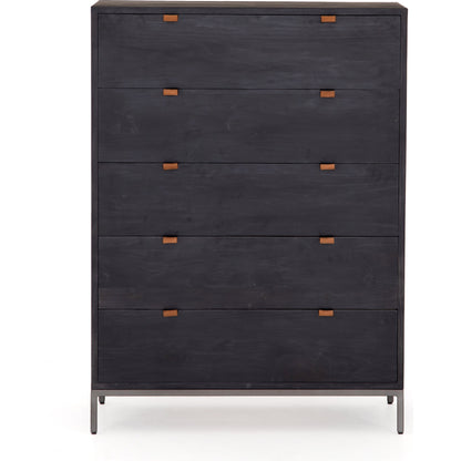 Trey 5 Drawer Dresser by Four Hands. Made from solid poplar, top grain leather, iron in a rustic style.