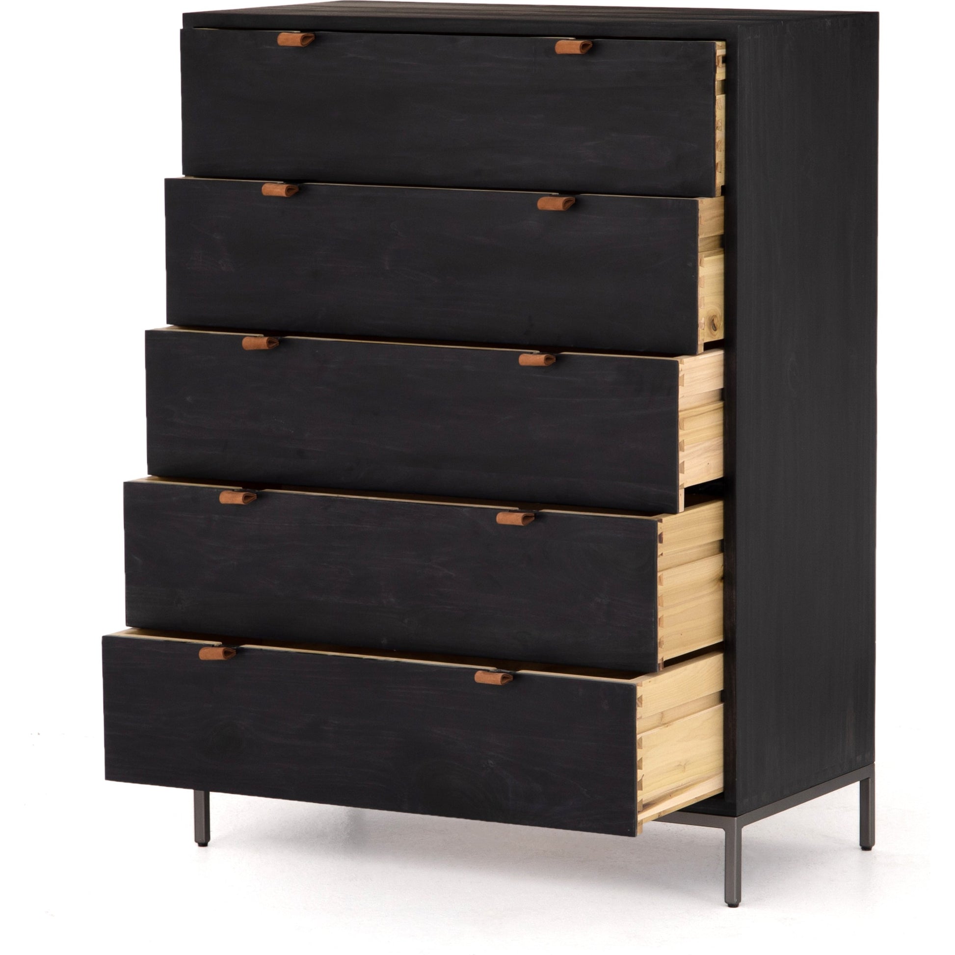 Trey 5 Drawer Dresser by Four Hands. Made from solid poplar, top grain leather, iron in a rustic style.