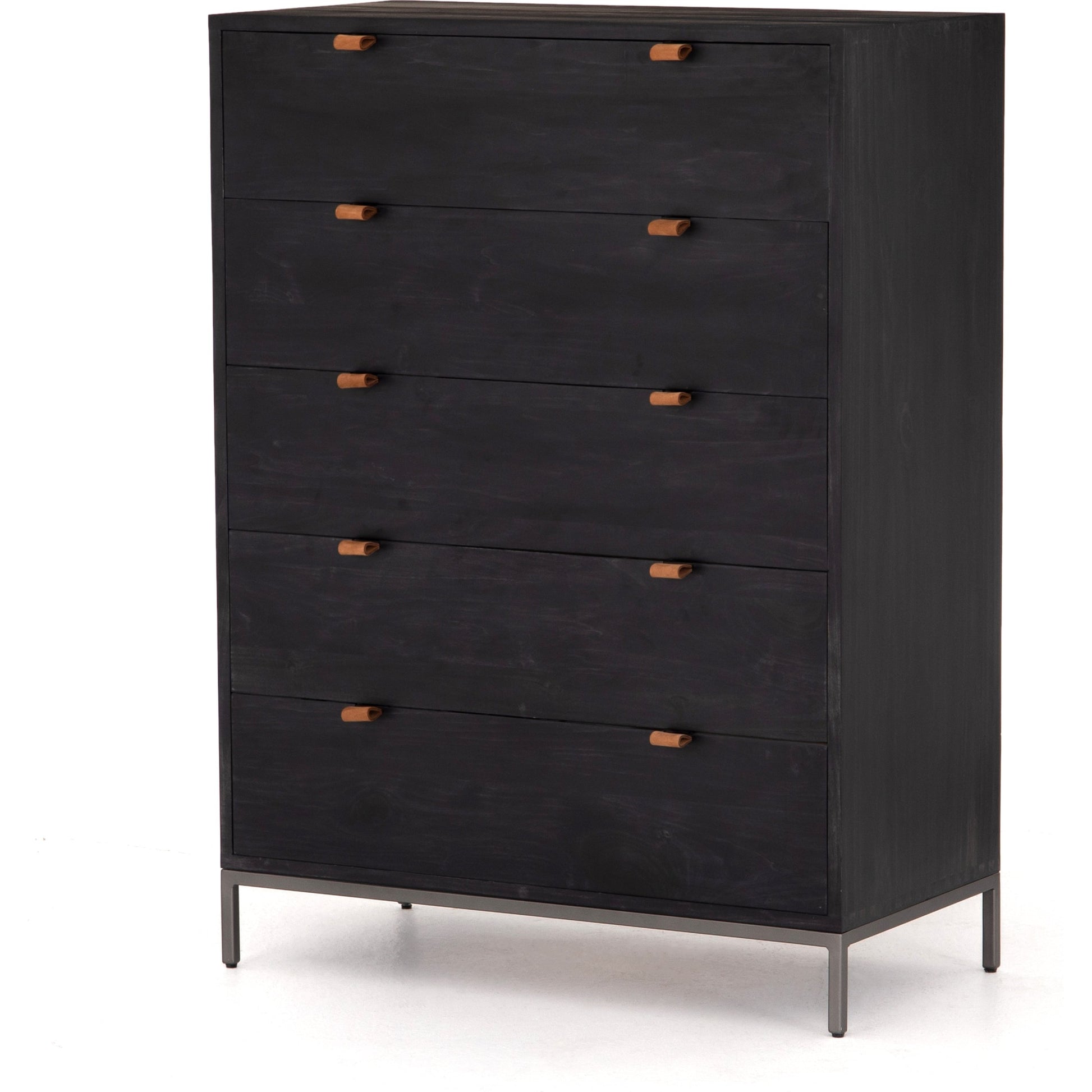 Trey 5 Drawer Dresser by Four Hands. Made from solid poplar, top grain leather, iron in a rustic style.