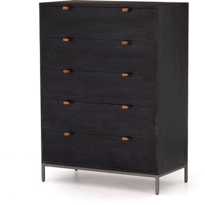 Trey 5 Drawer Dresser by Four Hands. Made from solid poplar, top grain leather, iron in a rustic style.