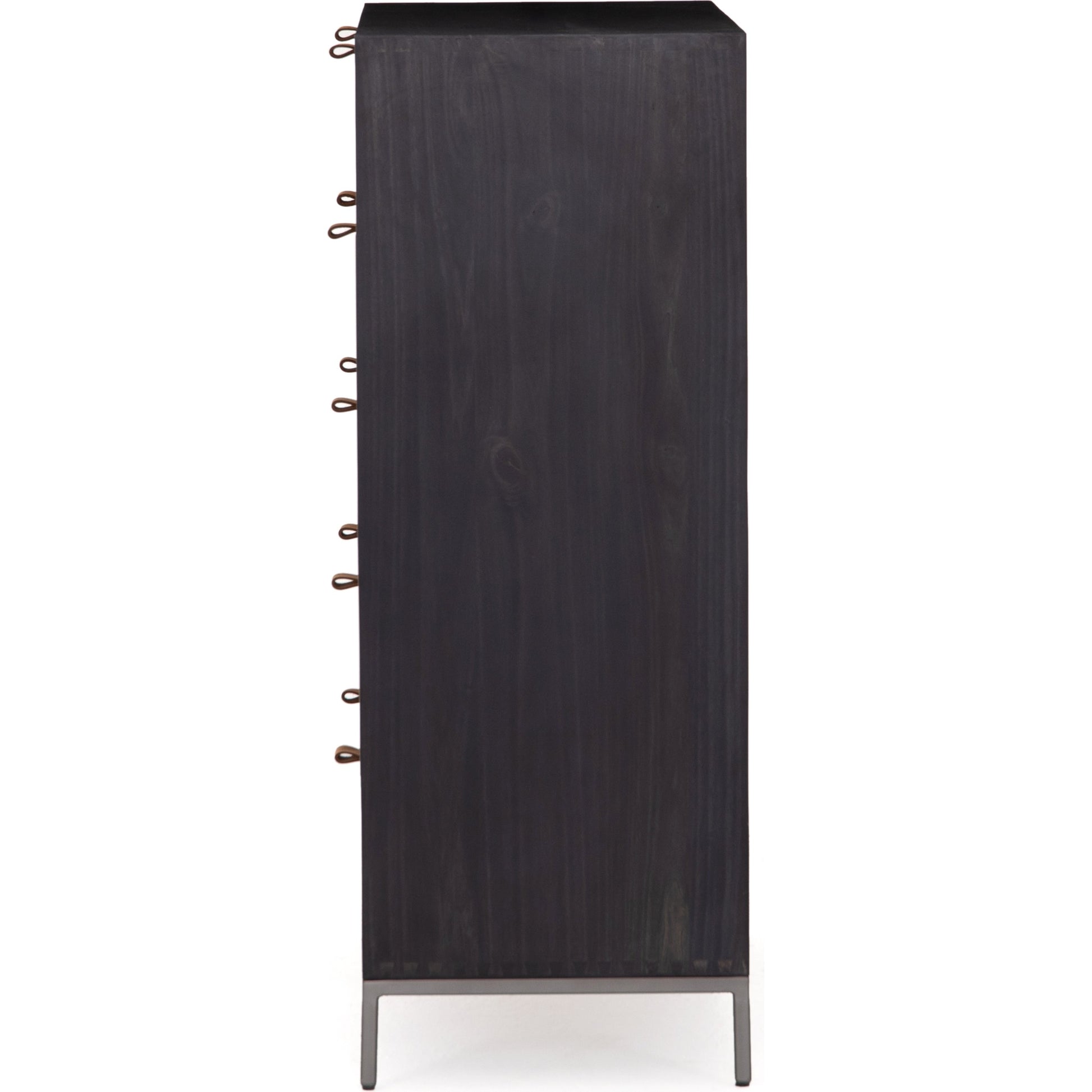 Trey 5 Drawer Dresser by Four Hands. Made from solid poplar, top grain leather, iron in a rustic style.