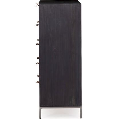 Trey 5 Drawer Dresser by Four Hands. Made from solid poplar, top grain leather, iron in a rustic style.