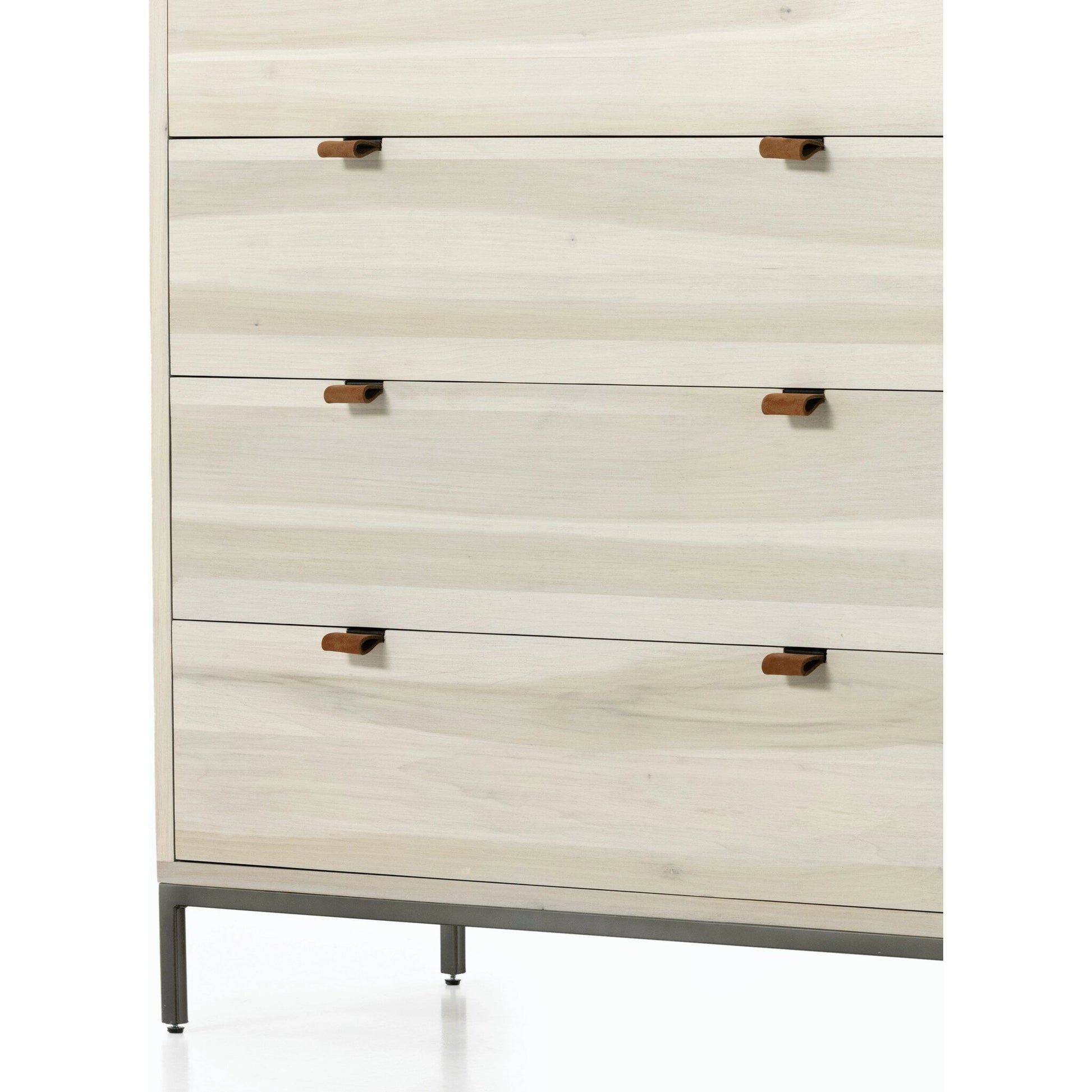 Trey 5 Drawer Dresser by Four Hands. Made from solid poplar, top grain leather, iron in a rustic style.