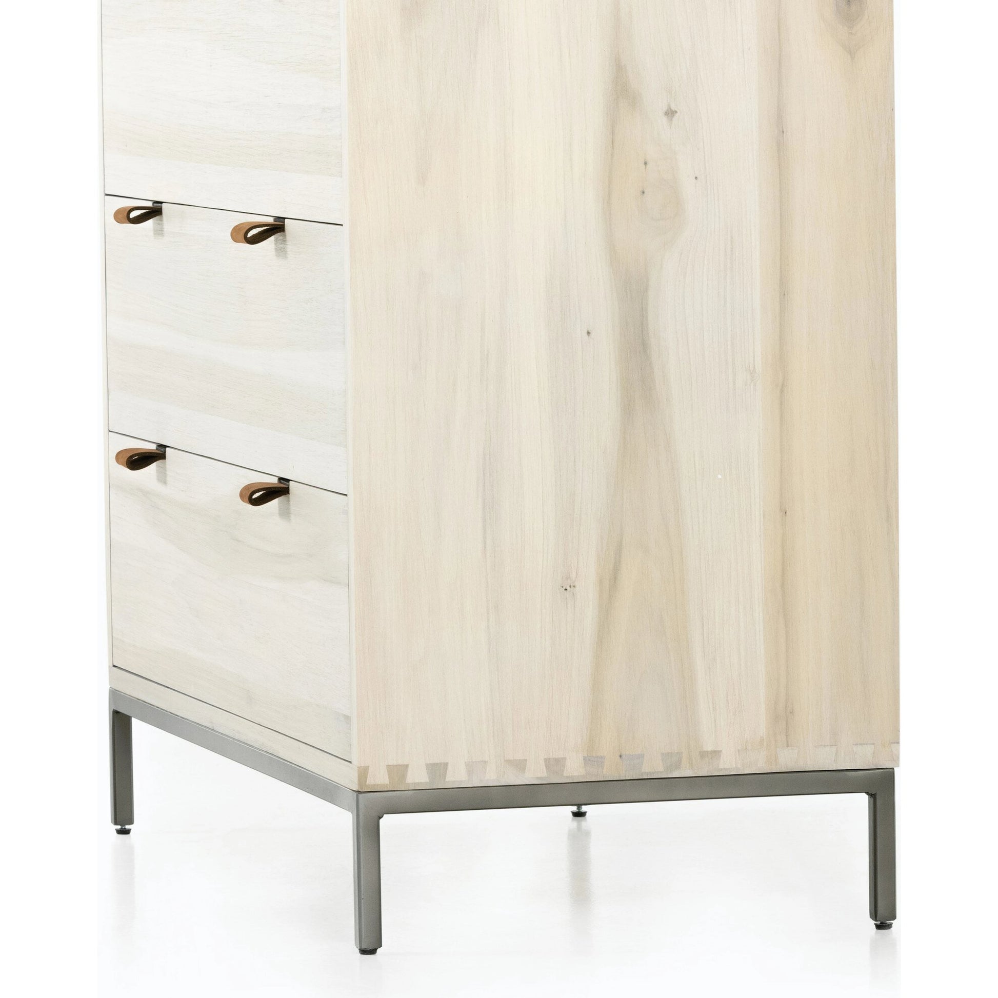 Trey 5 Drawer Dresser by Four Hands. Made from solid poplar, top grain leather, iron in a rustic style.