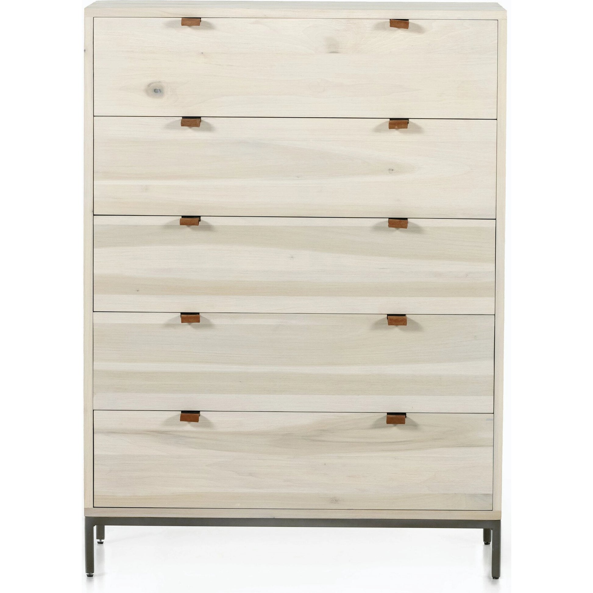 Trey 5 Drawer Dresser by Four Hands. Made from solid poplar, top grain leather, iron in a rustic style.