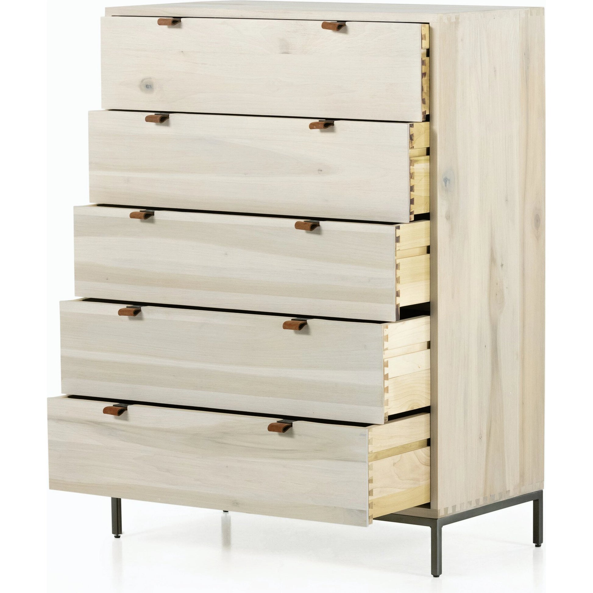 Trey 5 Drawer Dresser by Four Hands. Made from solid poplar, top grain leather, iron in a rustic style.