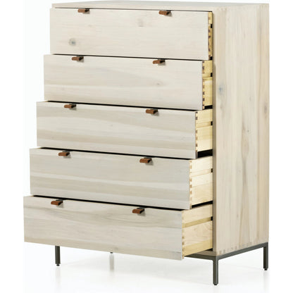Trey 5 Drawer Dresser by Four Hands. Made from solid poplar, top grain leather, iron in a rustic style.