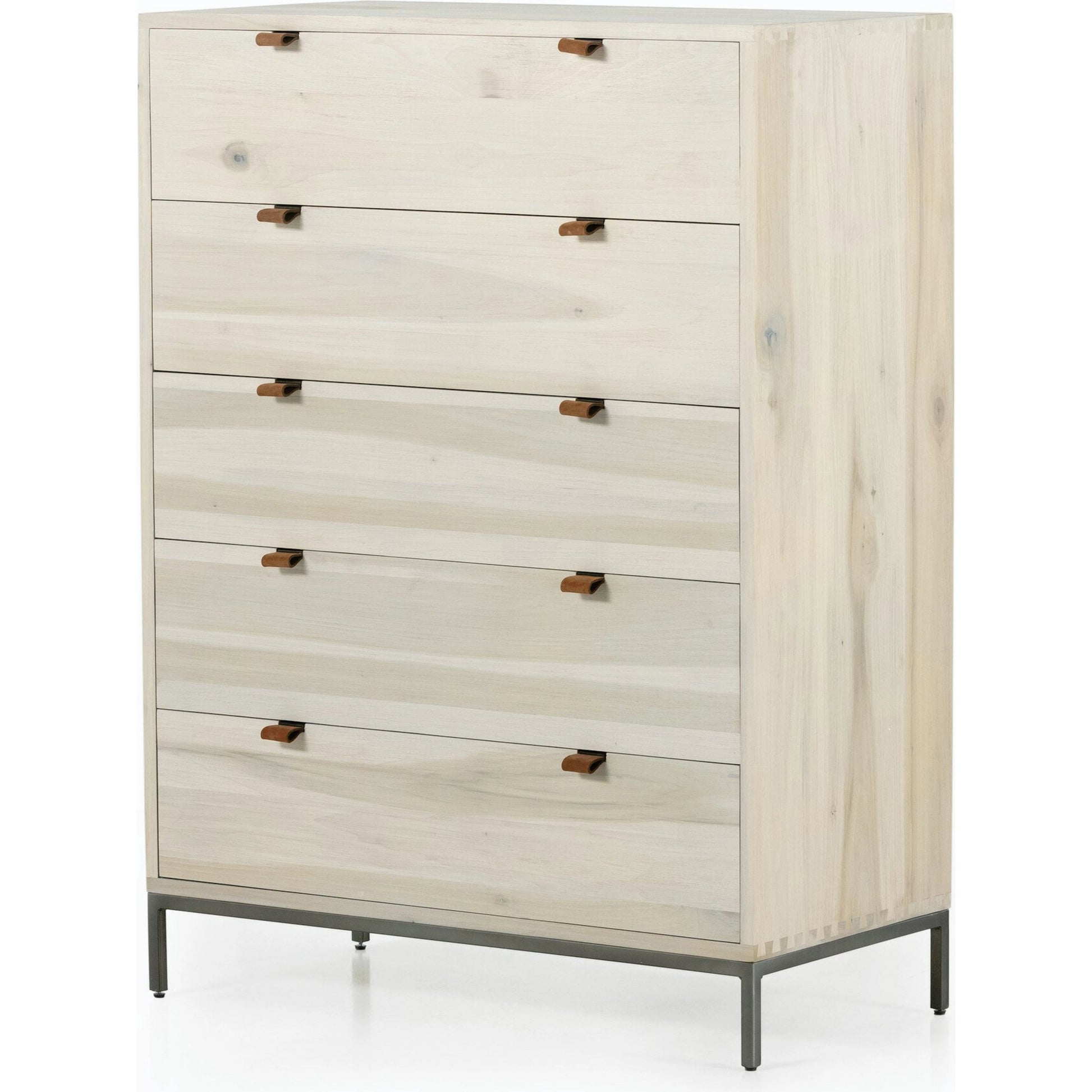 Trey 5 Drawer Dresser by Four Hands. Made from solid poplar, top grain leather, iron in a rustic style.