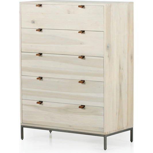 Trey 5 Drawer Dresser by Four Hands. Made from solid poplar, top grain leather, iron in a rustic style.