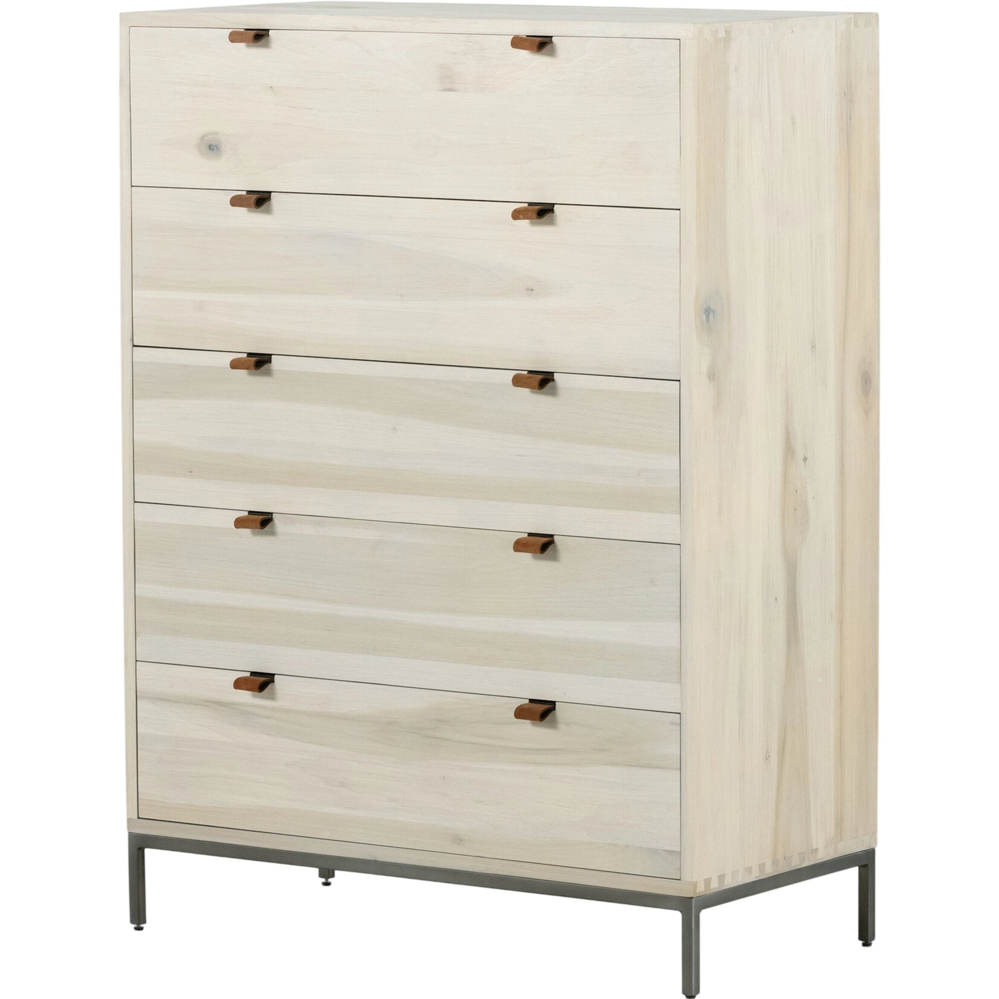 Trey 5 Drawer Dresser by Four Hands. Made from solid poplar, top grain leather, iron in a rustic style.