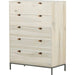 Trey 5 Drawer Dresser by Four Hands. Made from solid poplar, top grain leather, iron in a rustic style.