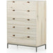 Trey 5 Drawer Dresser by Four Hands. Made from solid poplar, top grain leather, iron in a rustic style.