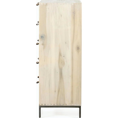 Trey 5 Drawer Dresser by Four Hands. Made from solid poplar, top grain leather, iron in a rustic style.