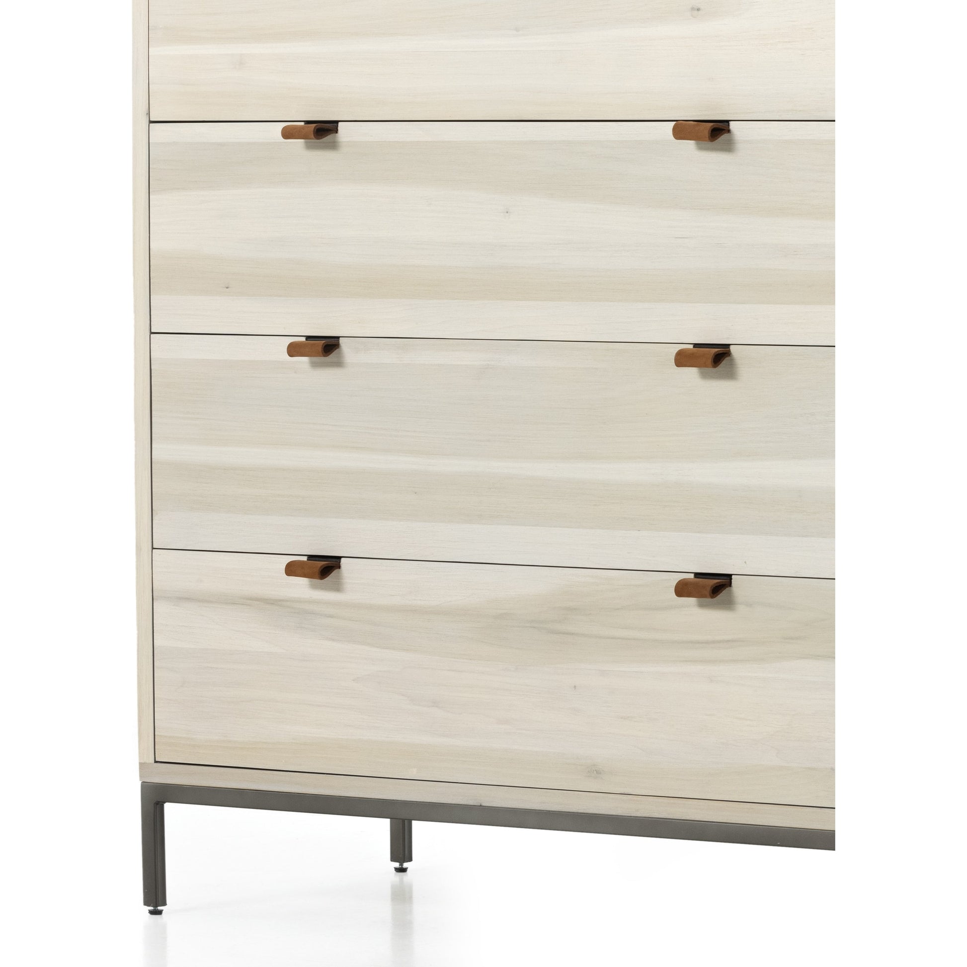 Trey 5 Drawer Dresser by Four Hands. Made from solid poplar, top grain leather, iron in a rustic style.