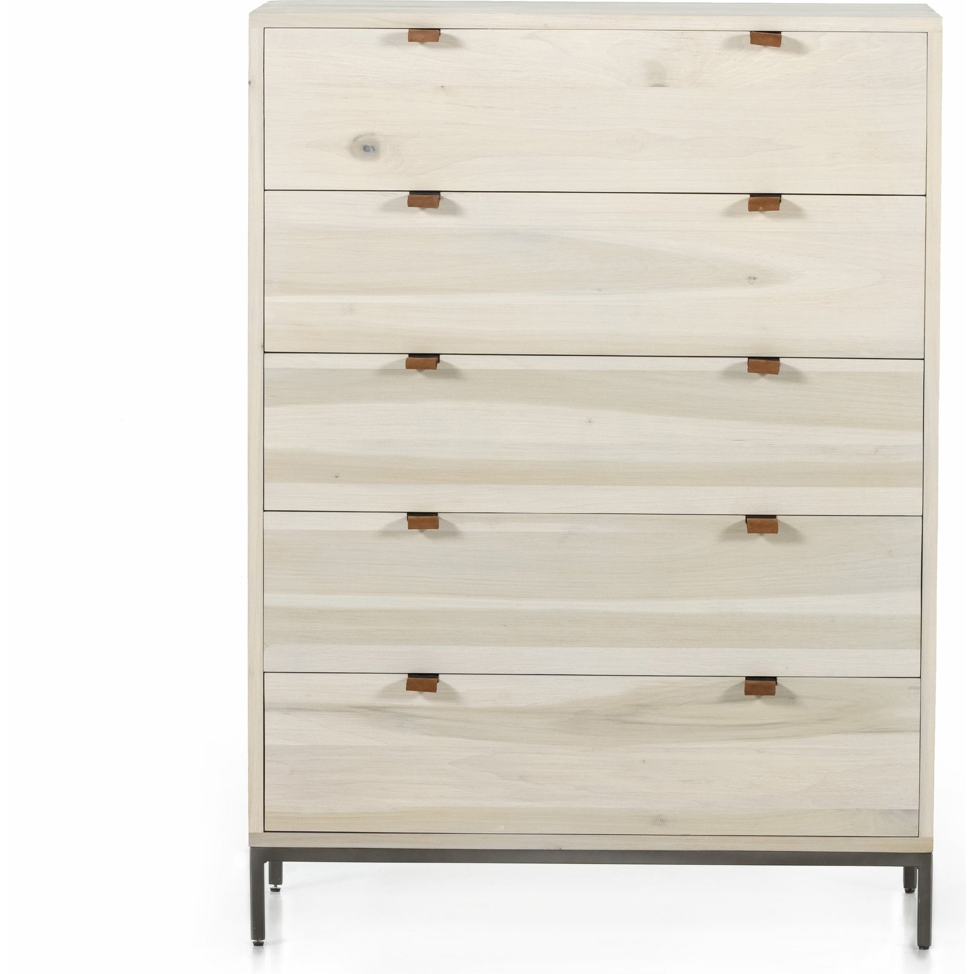 Trey 5 Drawer Dresser by Four Hands. Made from solid poplar, top grain leather, iron in a rustic style.