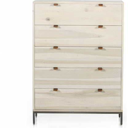 Trey 5 Drawer Dresser by Four Hands. Made from solid poplar, top grain leather, iron in a rustic style.