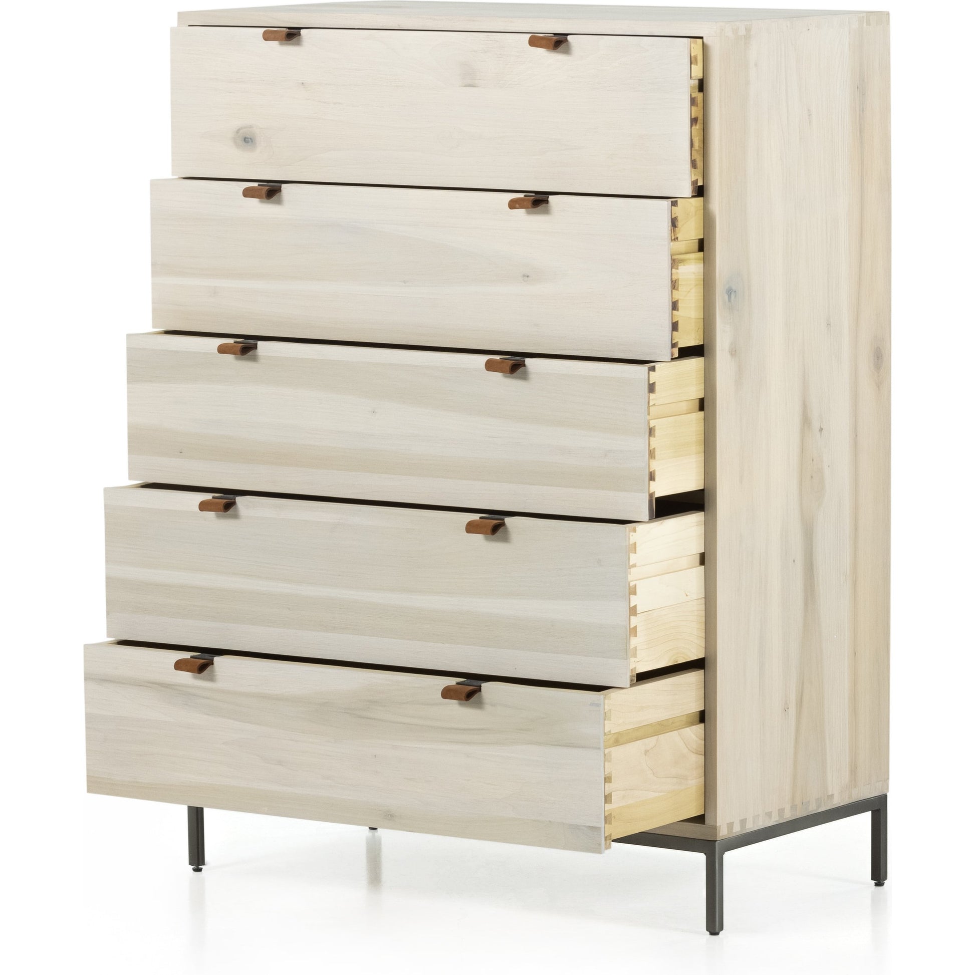 Trey 5 Drawer Dresser by Four Hands. Made from solid poplar, top grain leather, iron in a rustic style.
