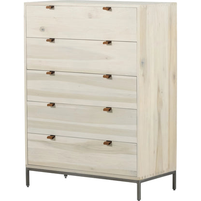 Trey 5 Drawer Dresser by Four Hands. Made from solid poplar, top grain leather, iron in a rustic style.