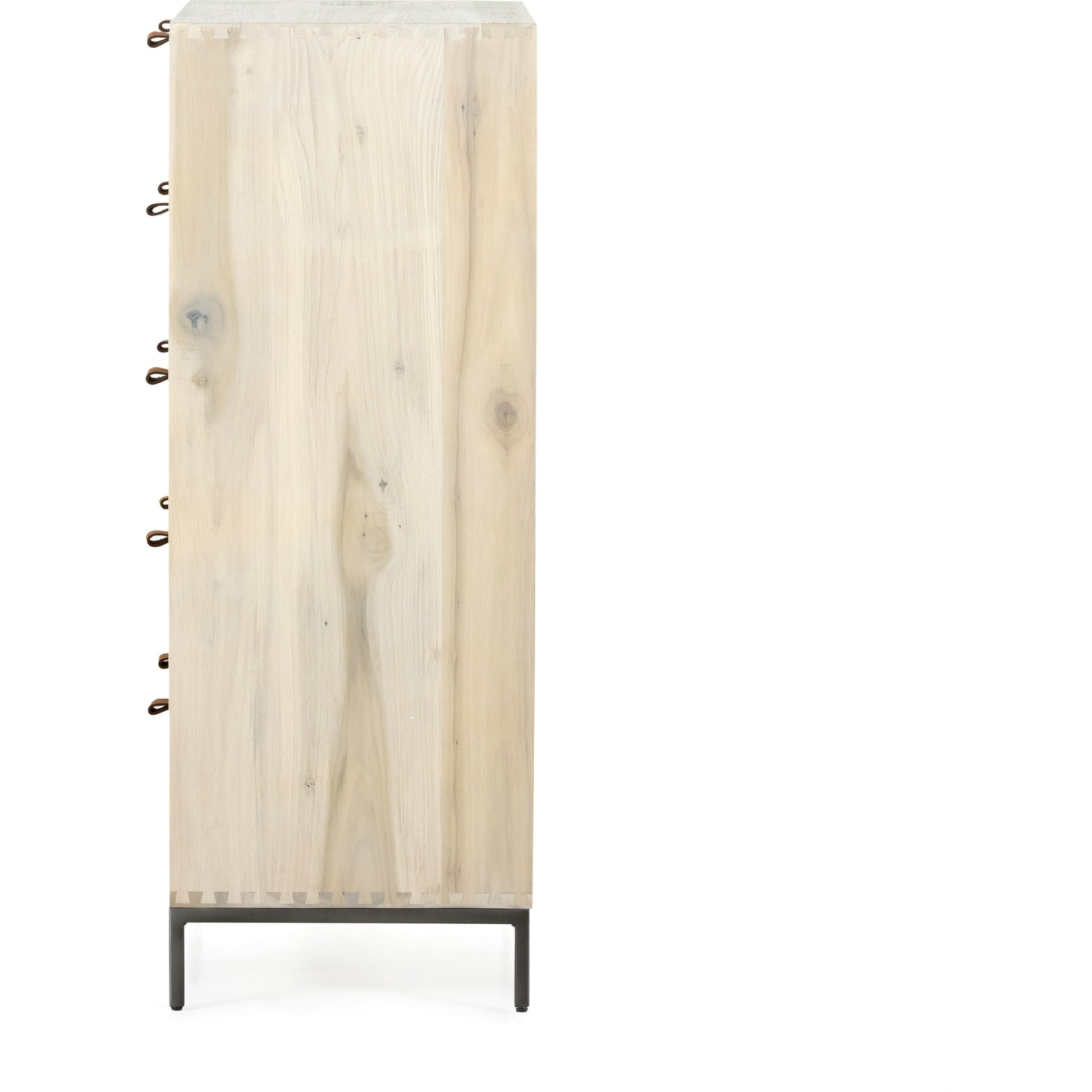 Trey 5 Drawer Dresser by Four Hands. Made from solid poplar, top grain leather, iron in a rustic style.