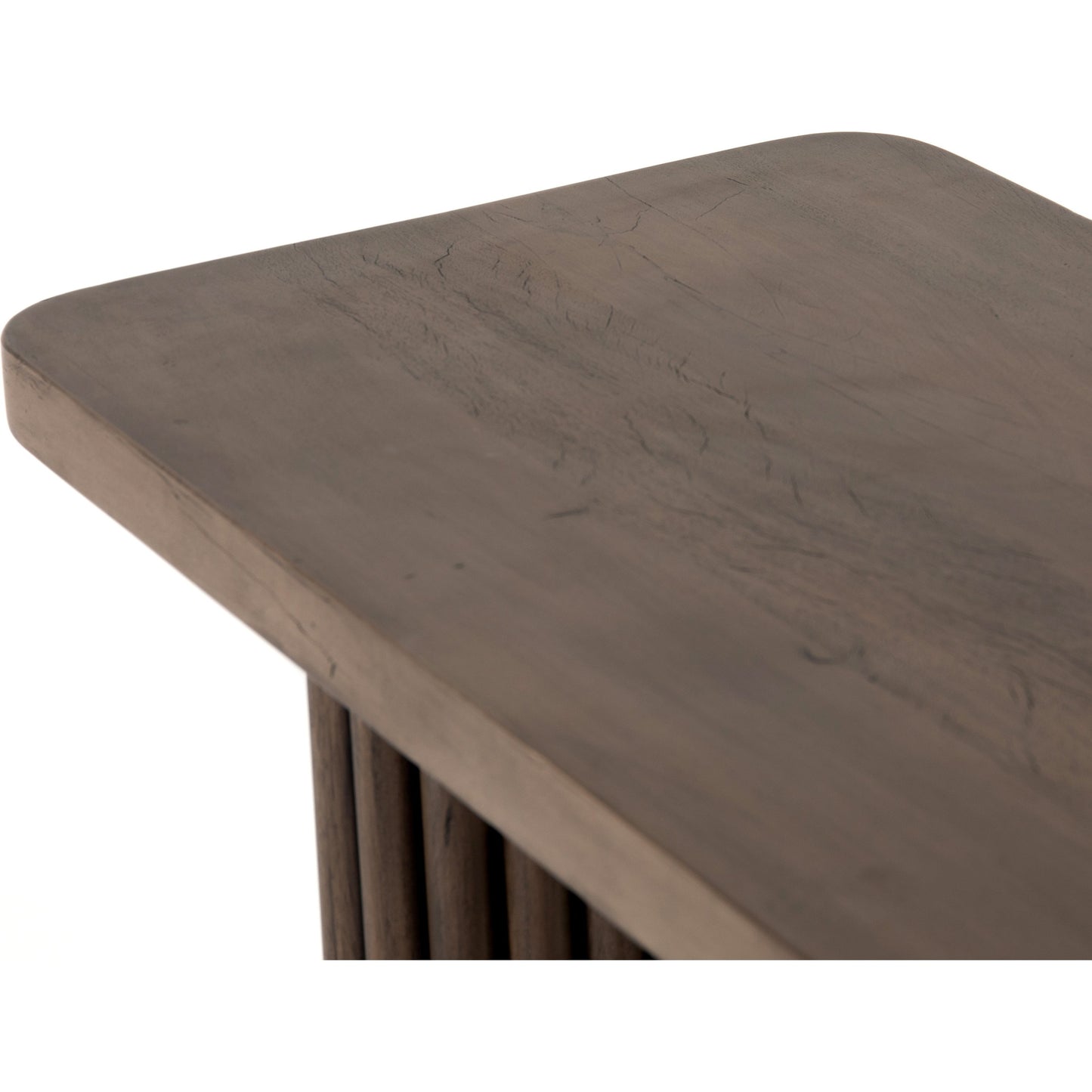 008 SI-1716581 | Closeup | Rutherford Console Table by Four Hands in reclaimed ashen brown. Made from solid mixed reclaimed wood in a eclectic & global style.