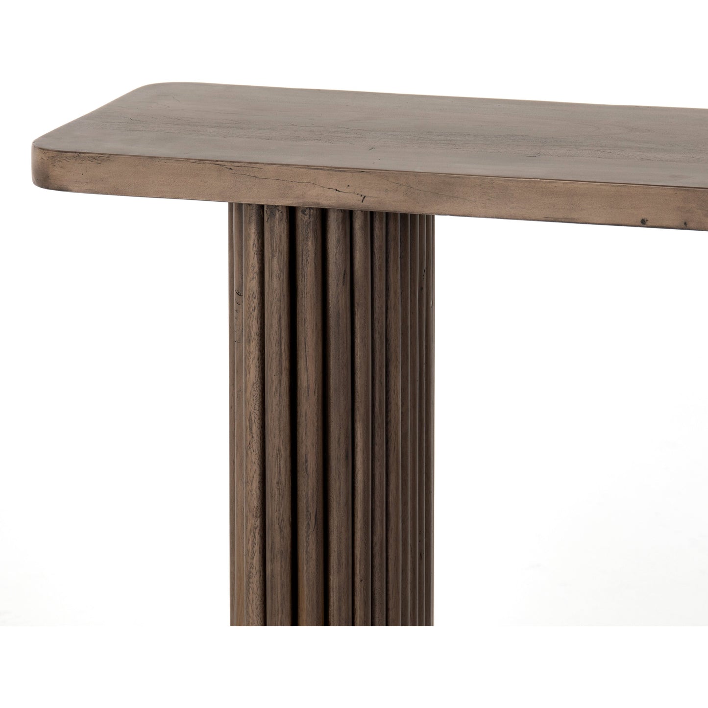 009 SI-1716581 | Closeup | Rutherford Console Table by Four Hands in reclaimed ashen brown. Made from solid mixed reclaimed wood in a eclectic & global style.