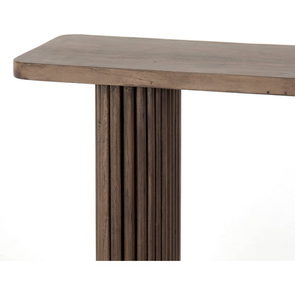 Rutherford Console Table by Four Hands in reclaimed ashen brown. Made from solid mixed reclaimed wood in a eclectic & global style.