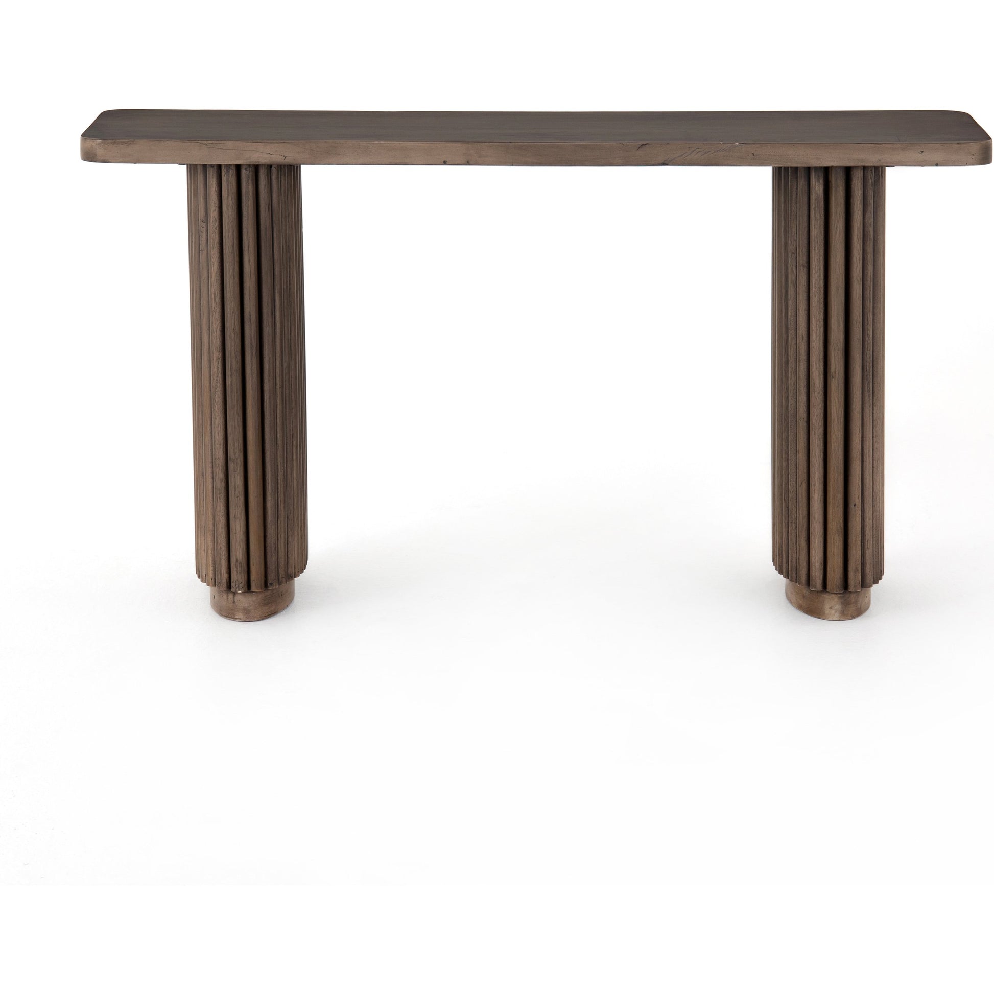 Rutherford Console Table by Four Hands in reclaimed ashen brown. Made from solid mixed reclaimed wood in a eclectic & global style.