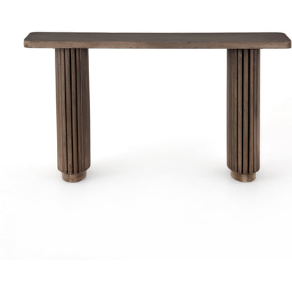 Rutherford Console Table by Four Hands in reclaimed ashen brown. Made from solid mixed reclaimed wood in a eclectic & global style.