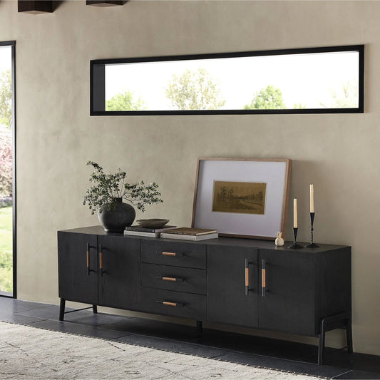 Rosedale Media Console by Four Hands. Made from top grain leather, oak veneer, solid oak in a unique style.