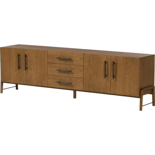 Rosedale Media Console by Four Hands. Made from top grain leather, oak veneer, solid oak in a transitional style.