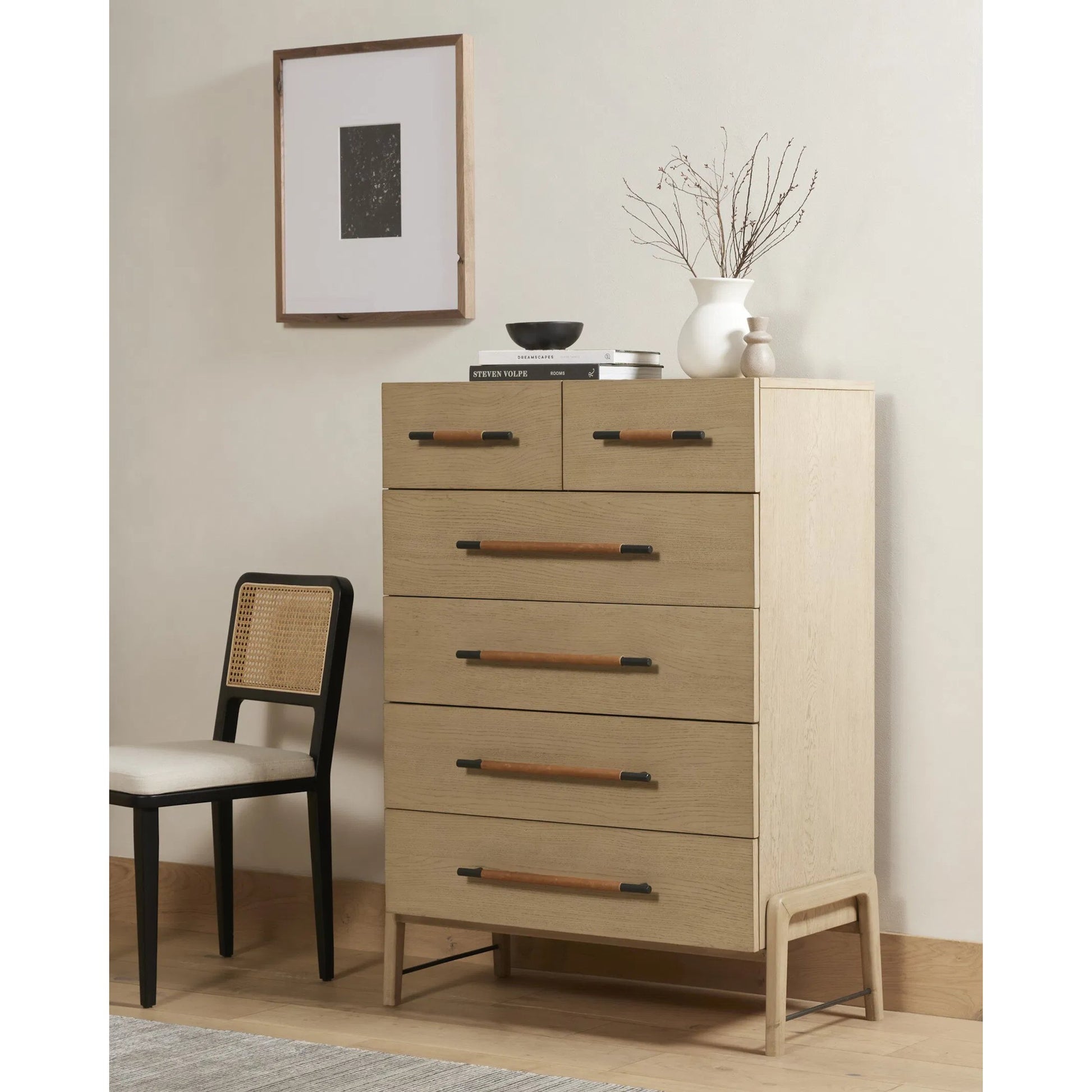 Rosedale 6 Drawer Tall Dresser by Four Hands. Made from oak veneer, top grain leather in a modern style.