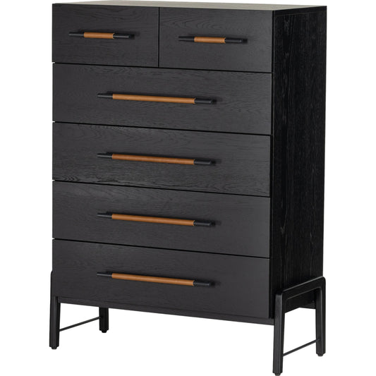 Rosedale 6 Drawer Tall Dresser by Four Hands. Made from oak veneer, top grain leather in a modern style.