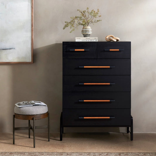 Rosedale 6 Drawer Tall Dresser by Four Hands. Made from oak veneer, top grain leather in a modern style.