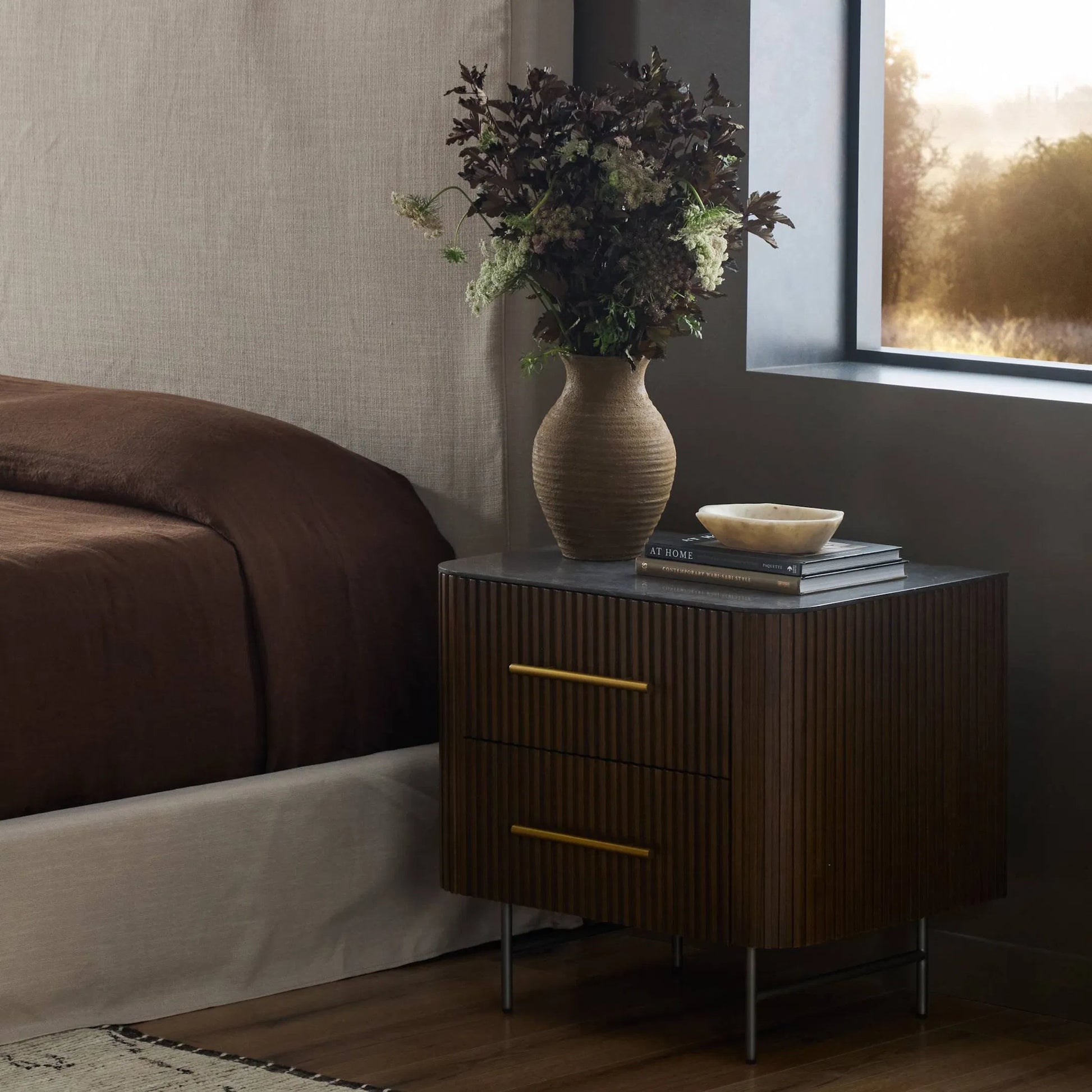 Fletcher Nightstand by Four Hands. Made from bluestone, solid oak, iron in a modern style.