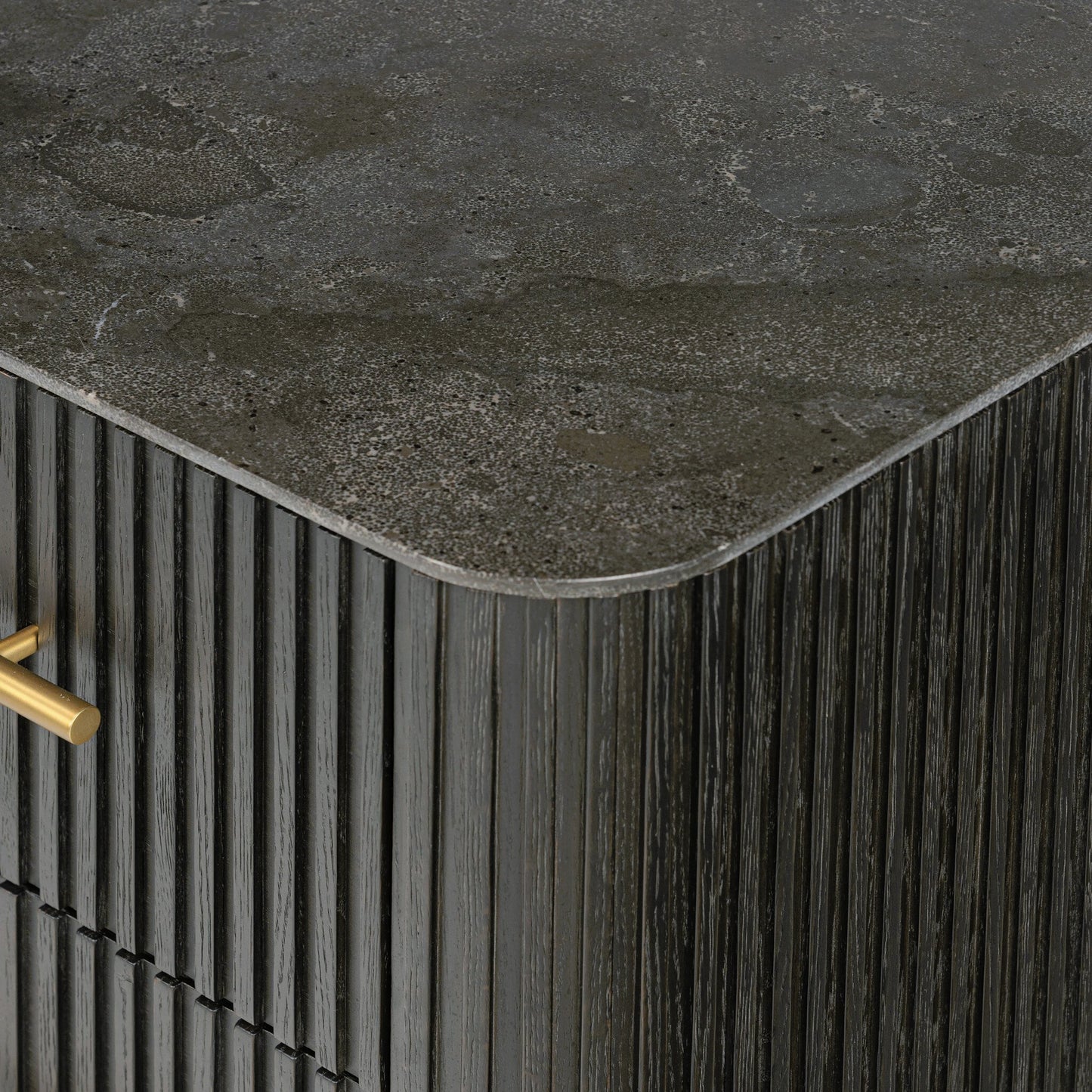 020 SI-2158165 | Closeup | Fletcher Nightstand by Four Hands. Made from bluestone, solid oak, iron in a modern style.