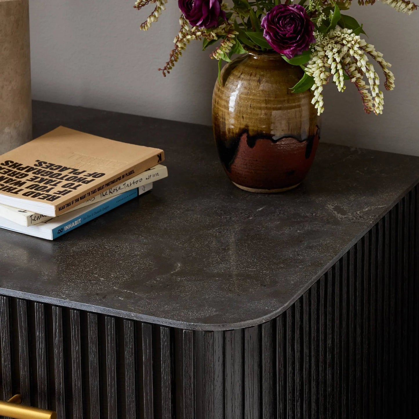 043 SI-2158165 | Closeup | Fletcher Nightstand by Four Hands. Made from bluestone, solid oak, iron in a modern style.