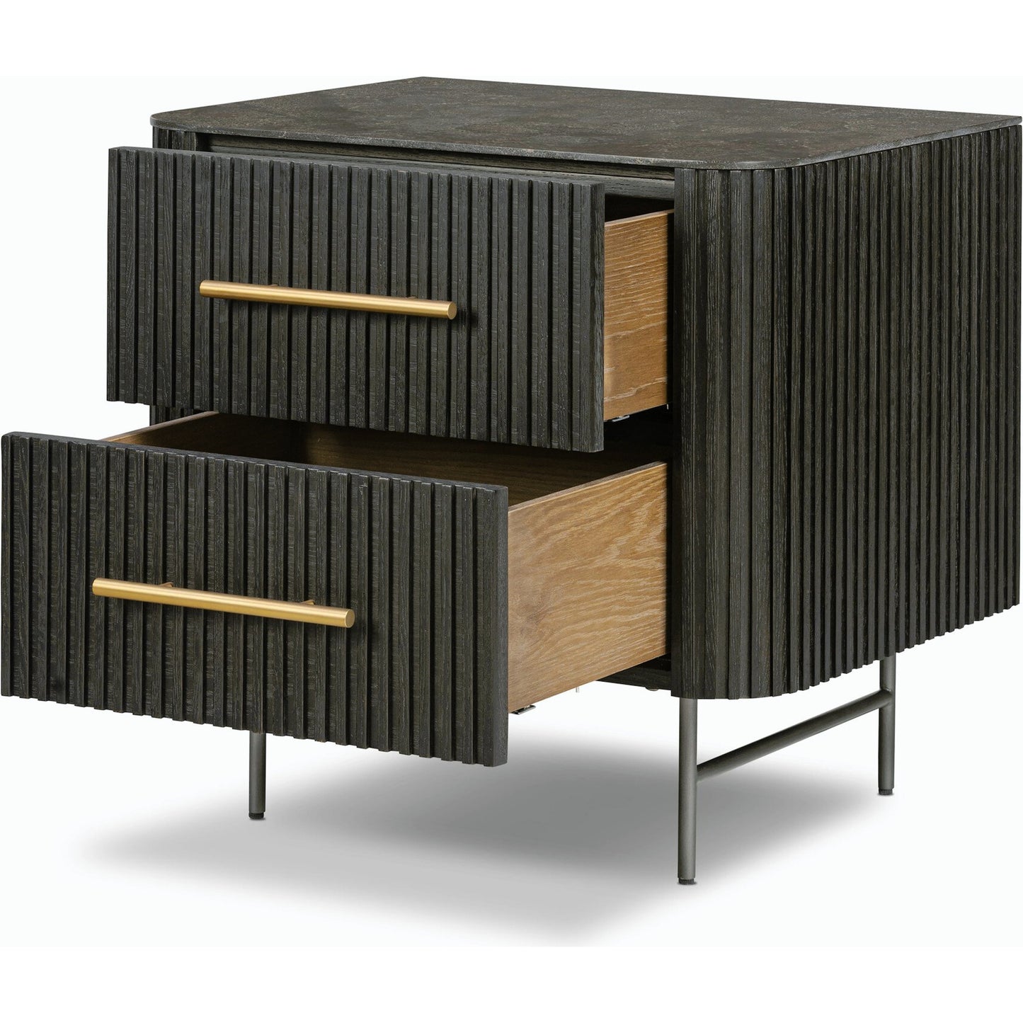 021 SI-2158165 | Closeup | Fletcher Nightstand by Four Hands. Made from bluestone, solid oak, iron in a modern style.