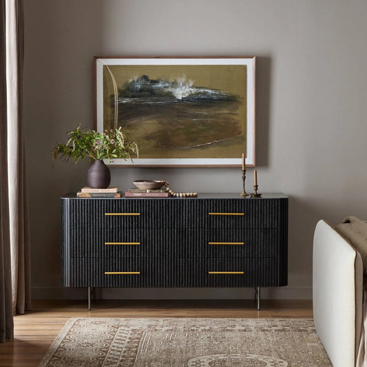 Fletcher 6 Drawer Dresser by Four Hands. Made from bluestone, solid oak, iron in a modern style.